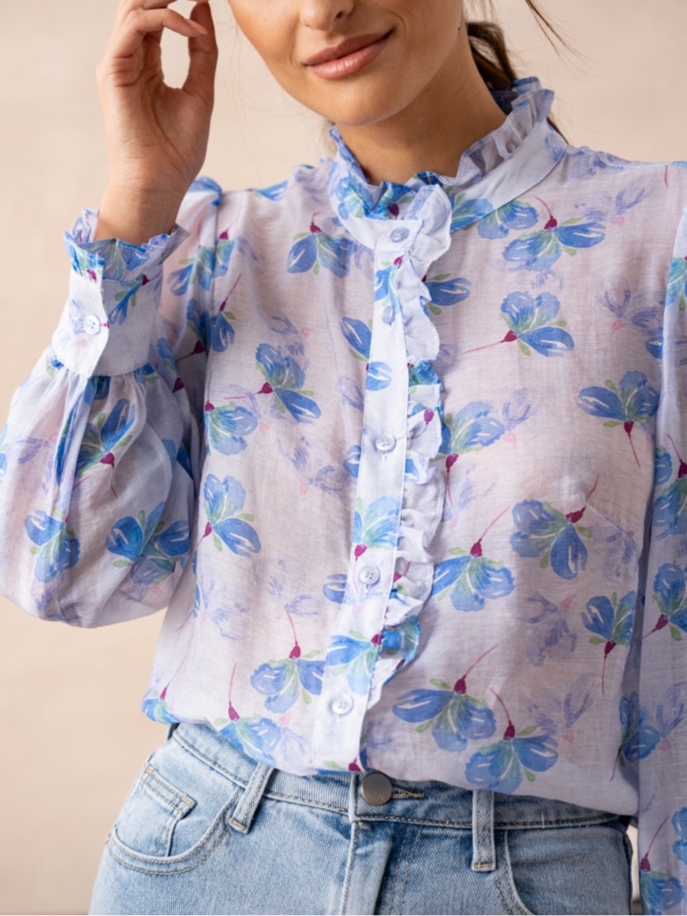 Anna Kay Sheer Floral Long Sleeve Button Down Blouse Women’s Size Large Blue - Picture 2 of 8